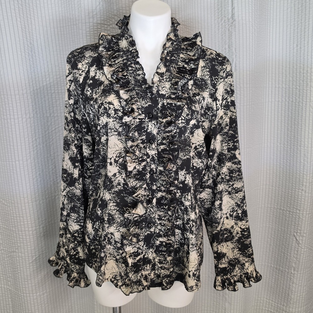 Women's Spense Ruffle Blouse Black With Ivory Cream Accents Size Large Business